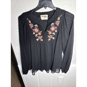 Savanna Jane L Romantic Embroidered Swiss Dot Blouse Sheer Boho Peasant Babydoll